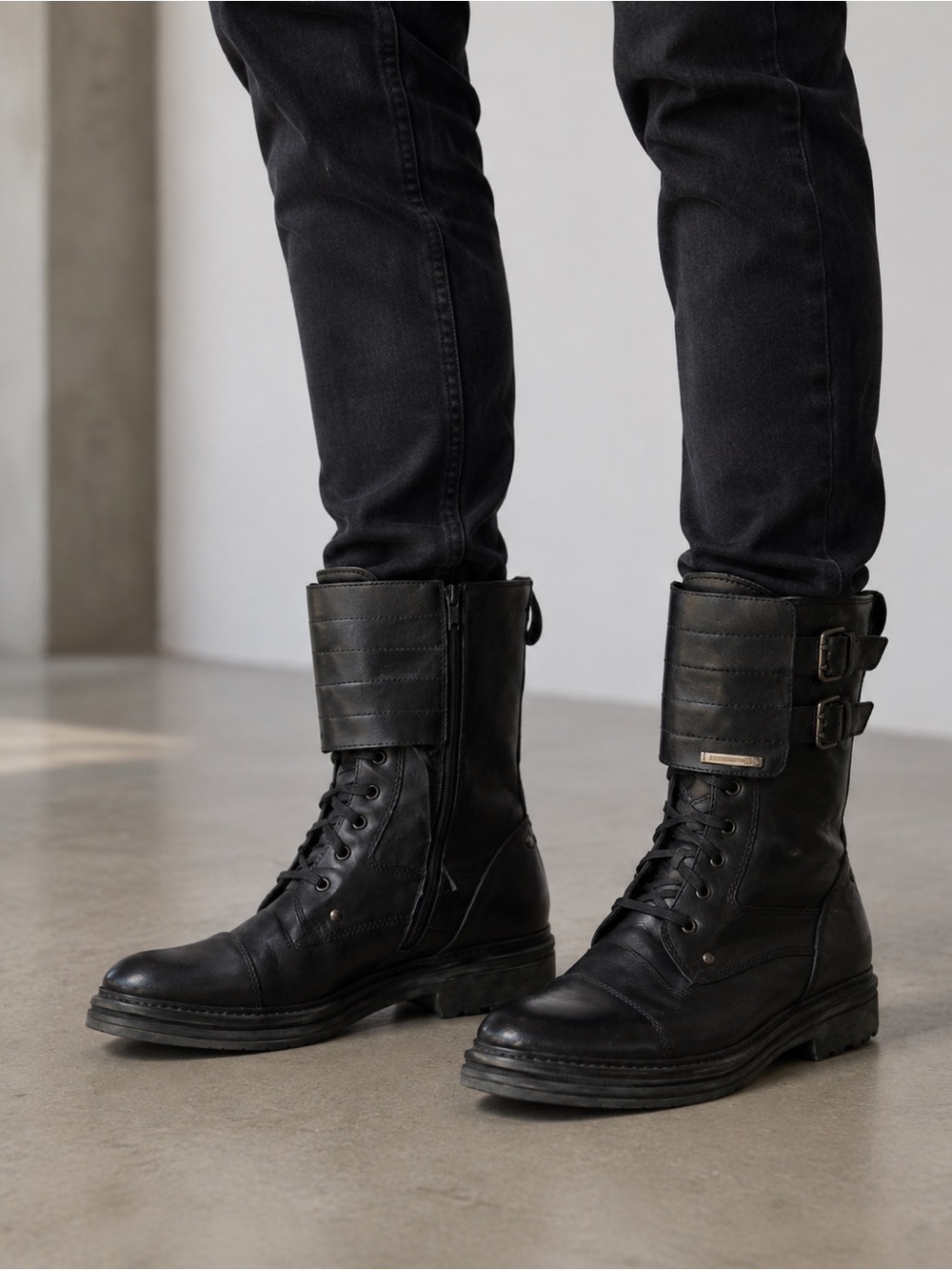 Bruno Magli Black Leather Combat Moto Boots Men’s 10 Indie Sleaze Rockstar Moto - Picture 2 of 12